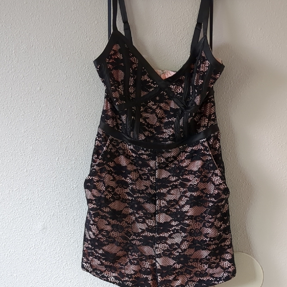 Bebe Black and Pink Jumpsuit with Floral Lace Overlay